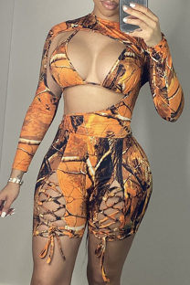 Orange Sexy Print Hollowed Out Half A Turtleneck Long Sleeve Three Pieces