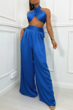 Blue Sexy Solid Split Joint Halter Sleeveless Two Pieces