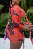 Light Green Fashion Sexy Print Bandage Hollowed Out O Neck Long Sleeve Dresses