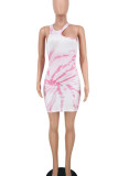 Pink Sexy Print Patchwork Asymmetrical O Neck Pencil Skirt Dresses