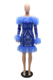 Blue Fashion Sexy Patchwork Sequins Off the Shoulder Long Sleeve Dresses