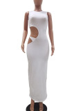 White Sexy Solid Hollowed Out Split Joint O Neck Pencil Skirt Dresses