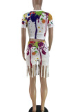 White Casual Print Tassel Split Joint O Neck Short Sleeve Two Pieces