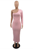 Pink Fashion Sexy Solid Backless Oblique Collar Long Sleeve Dresses