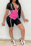 Rose Red Sexy Color Block Patchwork Zipper Collar Short Sleeve Two Pieces