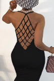 Yellow Sexy Solid Hollowed Out U Neck Pencil Skirt Dresses
