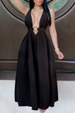 Blue Fashion Sexy Solid Backless V Neck Vest Dress