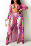Rose Red Sexy Print Hollowed Out Halter Long Sleeve Three Pieces