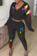 Black Casual Print Patchwork Zipper Hooded Collar Long Sleeve Two Pieces