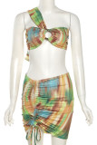 Green Sexy Print Bandage Hollowed Out Patchwork Fold Strapless Pencil Skirt Dresses