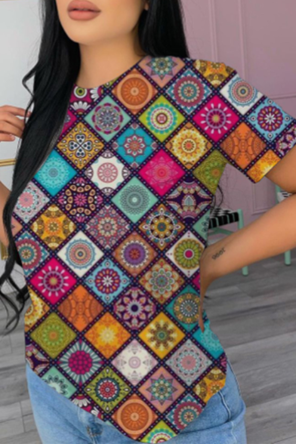 Colour Casual Print O Neck T-Shirts