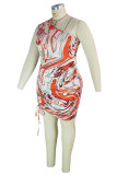 Orange Fashion Plus Size Print Hollowed Out Fold One Shoulder Sleeveless Dress