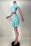 Mint green Sexy Casual Solid Backless Spaghetti Strap Short Sleeve Two Pieces