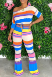 Multi-color Casual Striped Patchwork One Shoulder Short Sleeve Two Pieces