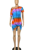 Red Green Casual Print Tie Dye Split Joint O Neck Straight Dresses