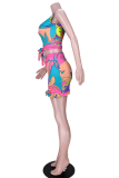 Multicolor Sexy Print Patchwork V Neck Sleeveless Two Pieces