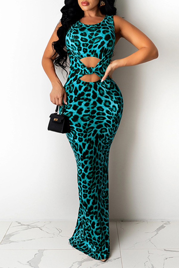 Lake Blue Sexy Print Hollowed Out O Neck Pencil Skirt Dresses