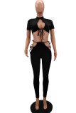Black Fashion Sexy Solid Hollowed Out Strap Design Half A Turtleneck Short Sleeve Two Pieces