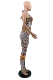 Leopard Print Sexy Hollowed Out Halter Skinny Jumpsuits