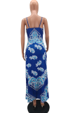 Blue Sexy Print Patchwork Spaghetti Strap Straight Dresses