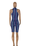 Blue Sexy Striped Patchwork V Neck Skinny Rompers