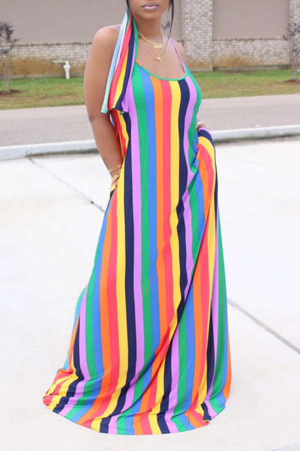 Orange Casual Striped Patchwork Spaghetti Strap Straight Dresses