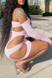 Pink Sexy Solid Hollowed Out Strapless Pencil Skirt Dresses