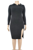 Pink Fashion Casual Solid Slit Turndown Collar Long Sleeve Dresses