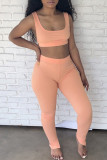 Red Casual Sportswear Solid Vests Pants U Neck Sleeveless Two Pieces