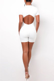 White Sexy Casual Solid Backless Zipper Collar Skinny Romper