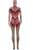 Red Sexy Print Patchwork Zipper Collar Skinny Rompers