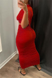 Red Fashion Casual Solid Fold O Neck Short Sleeve Two Pieces