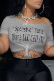 Grey Fashion Casual Letter Print Bandage Oblique Collar T-Shirts