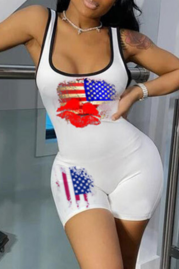 White Sexy Casual Print Basic U Neck Sleeveless Skinny Romper