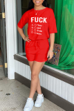 Red Casual Print Patchwork O Neck Short Sleeve Two Pieces
