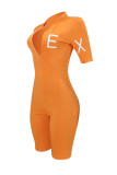 Orange Casual Print Patchwork Zipper Zipper Collar Skinny Jumpsuits