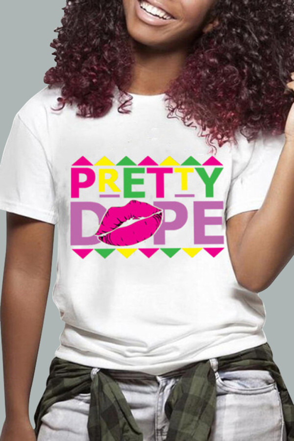 White Fashion Casual Letter Print Basic O Neck T-Shirts
