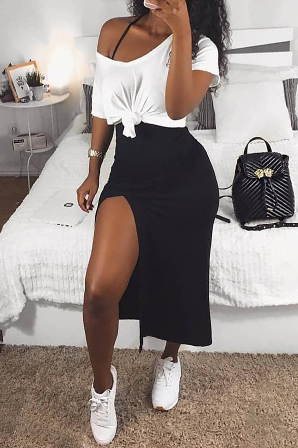White Black Fashion Casual Solid Slit Oblique Collar Short Sleeve Two Pieces