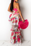 Red Sexy Print Patchwork See-through Backless Strapless Sleeveless Two Pieces