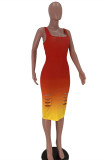 Red Fashion Sexy Gradual Change Print Ripped Square Collar Vest Dress