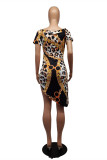 Coffee Fashion Casual Print Asymmetrical O Neck Short Sleeve Dress
