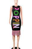 Red Sexy Print Tassel Patchwork O Neck One-piece Suits Dresses