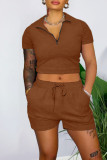 Pink Casual Solid Patchwork Zipper Turndown Collar Short Sleeve Two Pieces