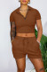 Coffee Casual Solid Patchwork Zipper Turndown Collar Short Sleeve Two Pieces