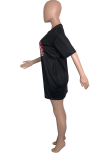 Black Casual Print Patchwork O Neck Straight Dresses