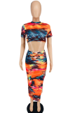 Colour Sexy Print Patchwork Half A Turtleneck Short Sleeve Two Pieces