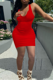 Red Casual Solid Patchwork U Neck Pencil Skirt Dresses