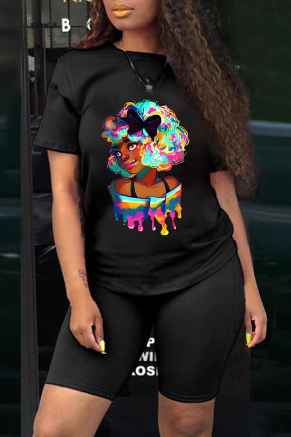 Black Fashion Print Basic O Neck Short Sleeve Two Pieces