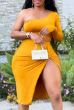 Yellow Sexy Solid Patchwork One Shoulder Pencil Skirt Plus Size Two Pieces