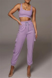 Light Purple Fashion Casual Solid Vests Pants U Neck Sleeveless Two Pieces